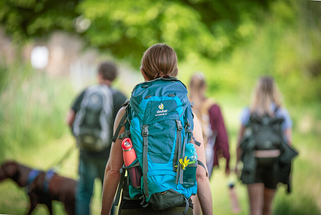 Wandern in Neuhof a.d.Zenn Vier Wanderer und ein Hund, Wanderin mit Rucksack von hinten im Fokus