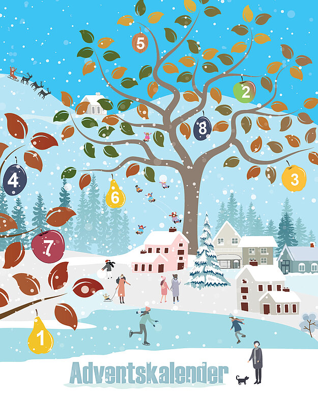 Teil 1 Adventskalender 2025 Gezeichnete Winterlandschaft mit einem Obstbaum mit Früchten und Zahlen darauf